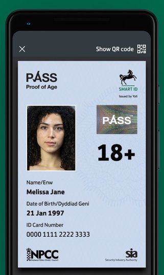 Preview of a Digital Connect ID, showing face, name, date of birth and a virtual 'PASS' hologram